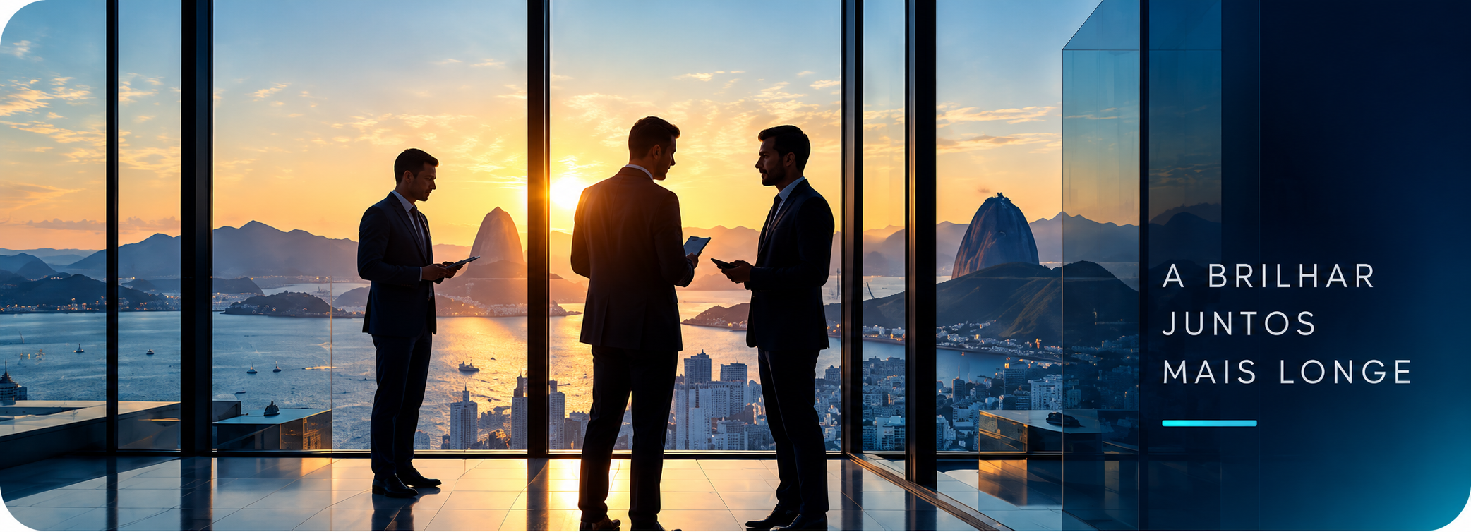 Três profissionais diante do Rio de Janeiro ao pôr do sol